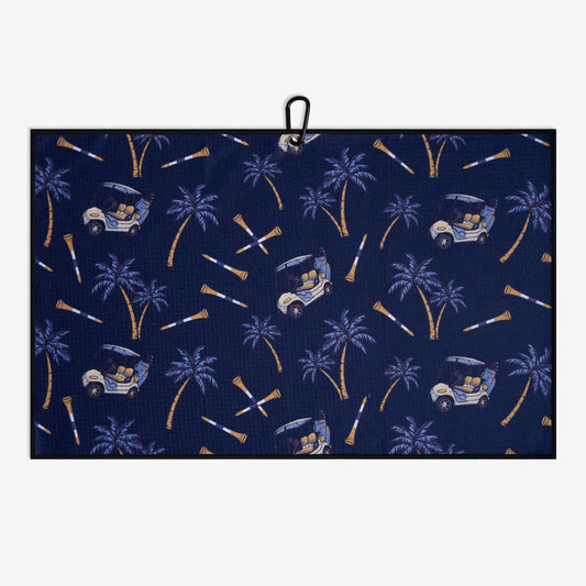 Navy blue towel with palm tree and golf cart pattern on a white background