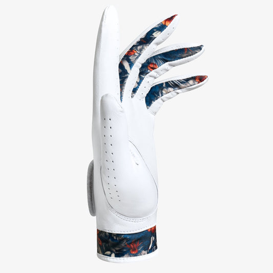 White golf glove with colorful palm design on a white background