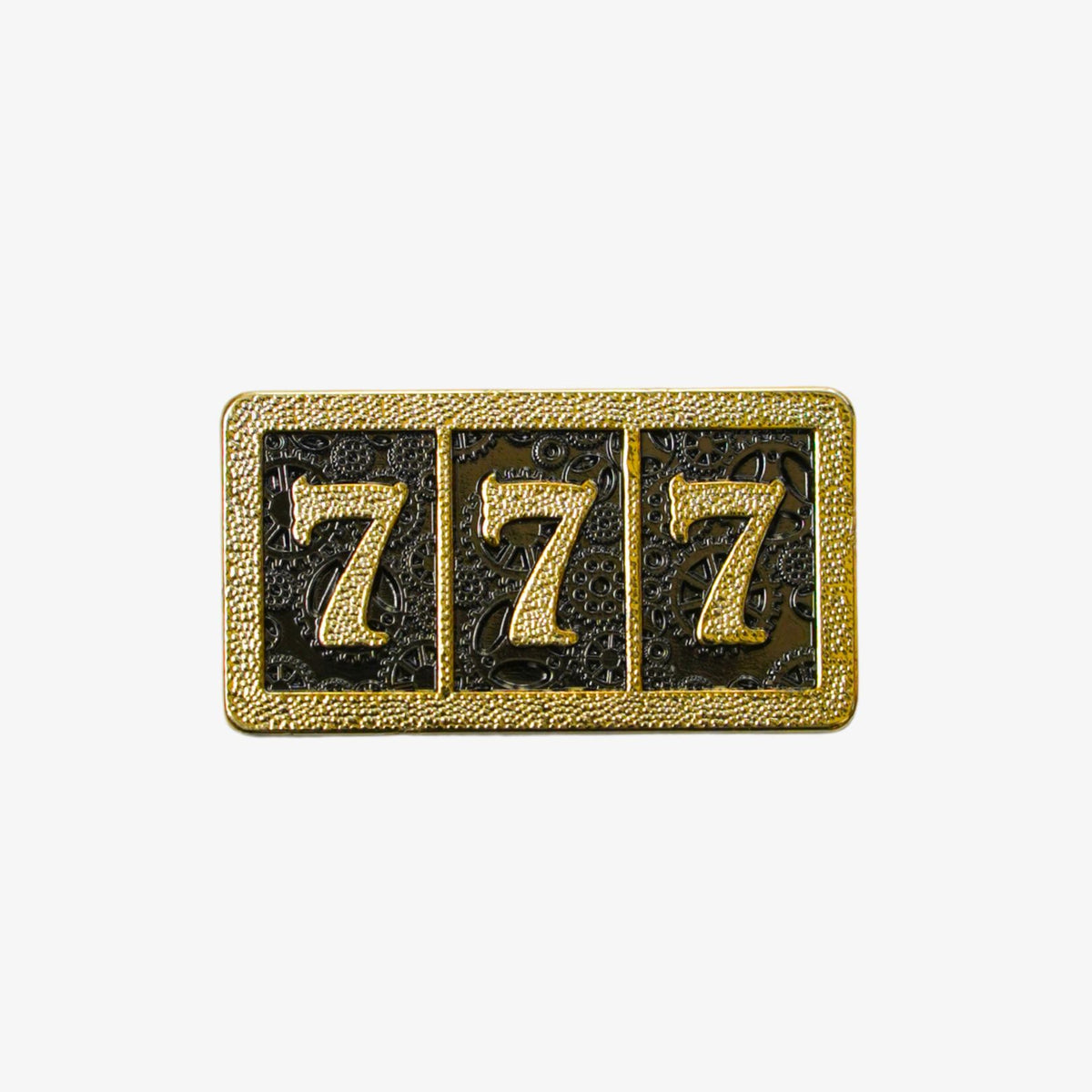 Decorative golf ball marker with the number '777' in gold and black on a white background