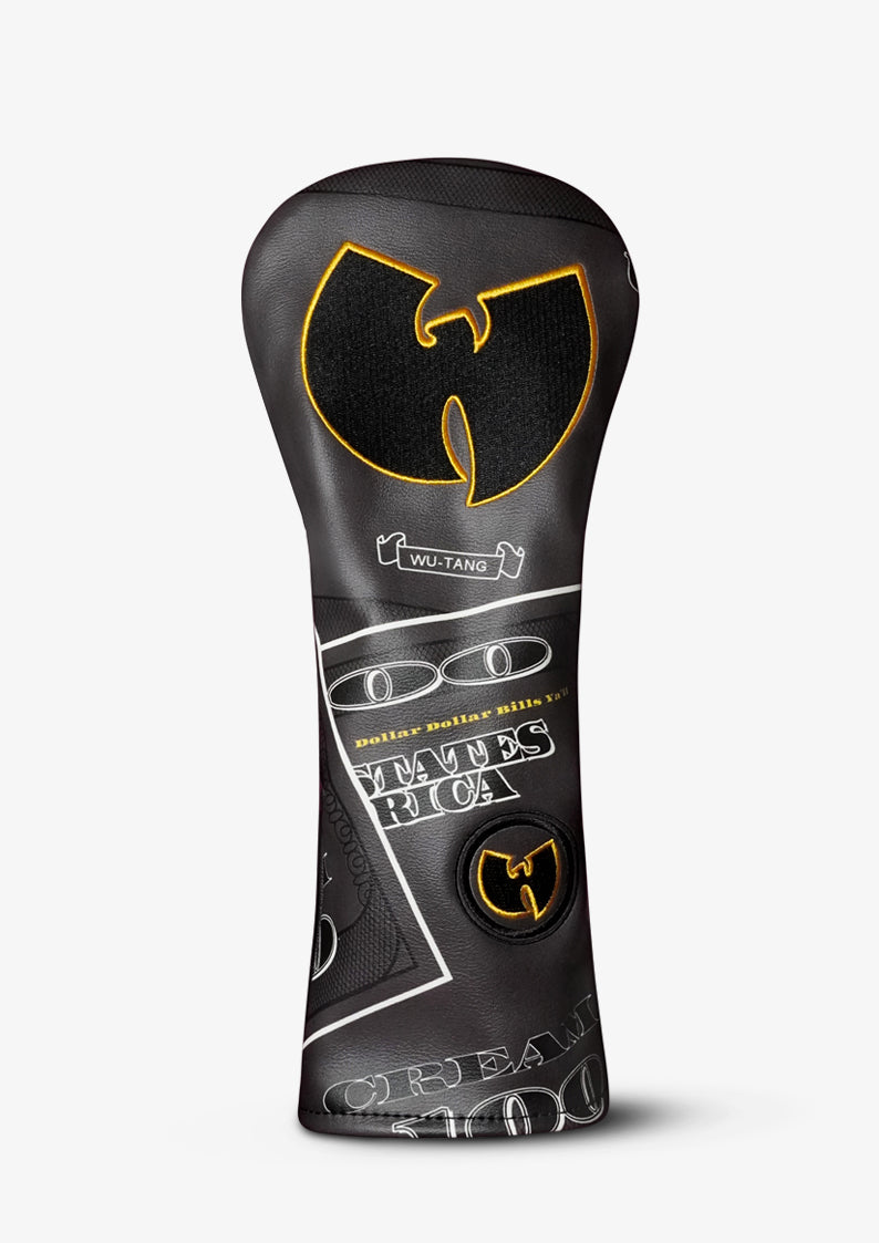 A black golf club headcover featuring the Wu-Tang Clan logo and graphics, including 'WU-TANG' text, on a light gray background.