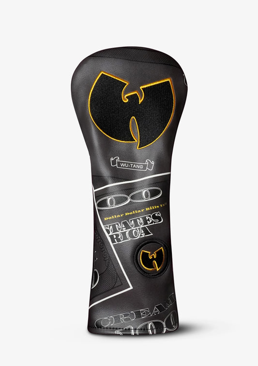 A black golf club headcover featuring the Wu-Tang Clan logo and graphics, including 'WU-TANG' text, on a light gray background.