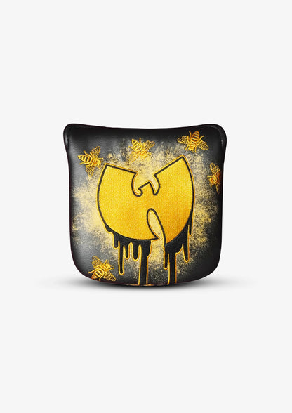 A square black golf mallet headcover featuring a distressed gold Wu-Tang Clan logo with dripping paint details and gold bee illustrations, shown on a light gray background.