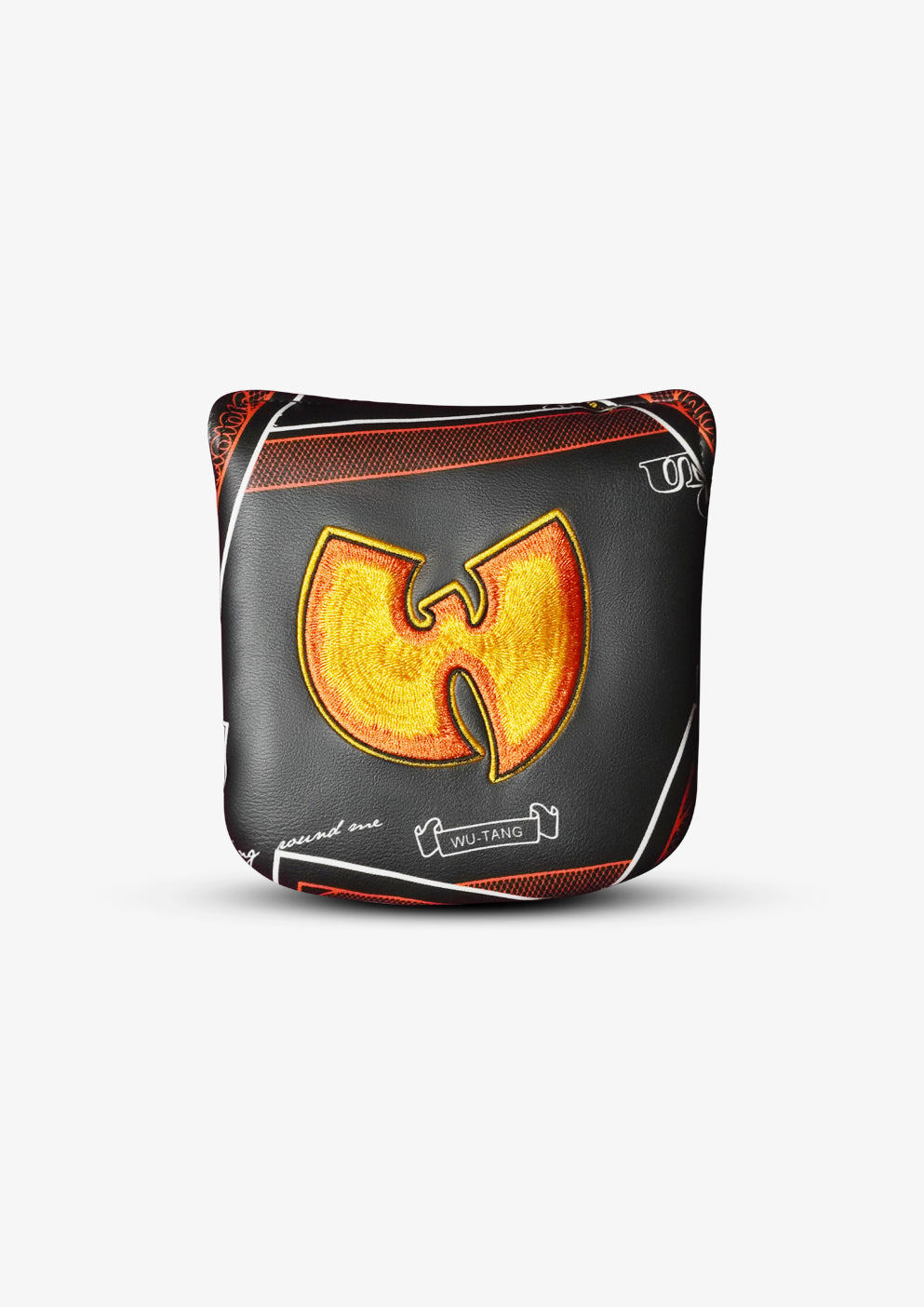 A square black leather golf headcover featuring the iconic yellow and orange Wu-Tang Clan logo, displayed on a clean white background.