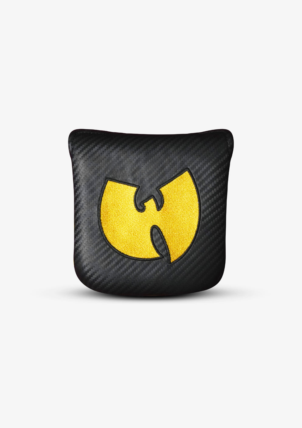 A square black mallet headcover with a carbon fiber texture, featuring a large yellow Wu-Tang Clan logo on the front, set against a plain light gray background.