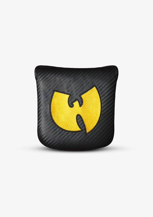 A square black mallet headcover with a carbon fiber texture, featuring a large yellow Wu-Tang Clan logo on the front, set against a plain light gray background.