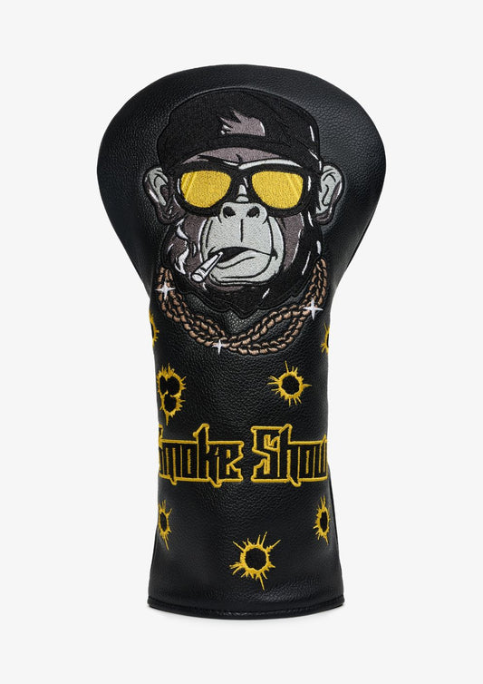 Golf club head cover with monkey design and 'Skins Golf' branding on a white background