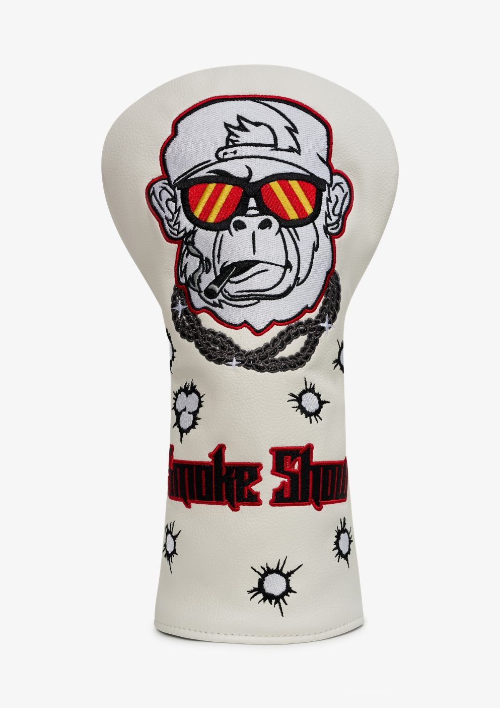 Golf club head cover with monkey graphic and 'Smoke Show' text on a white background