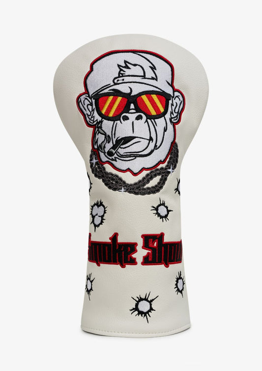 Golf club head cover with monkey graphic and 'Smoke Show' text on a white background