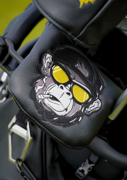 Golf mallet headcover with a graphic of a gorilla wearing sunglasses.